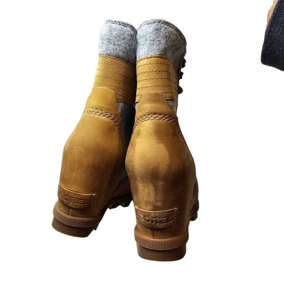 SOREL Wedge Lace-Up Boots – Leather & Wool Blend Tan/Gray  Size 8.5 - Picture 7 of 13